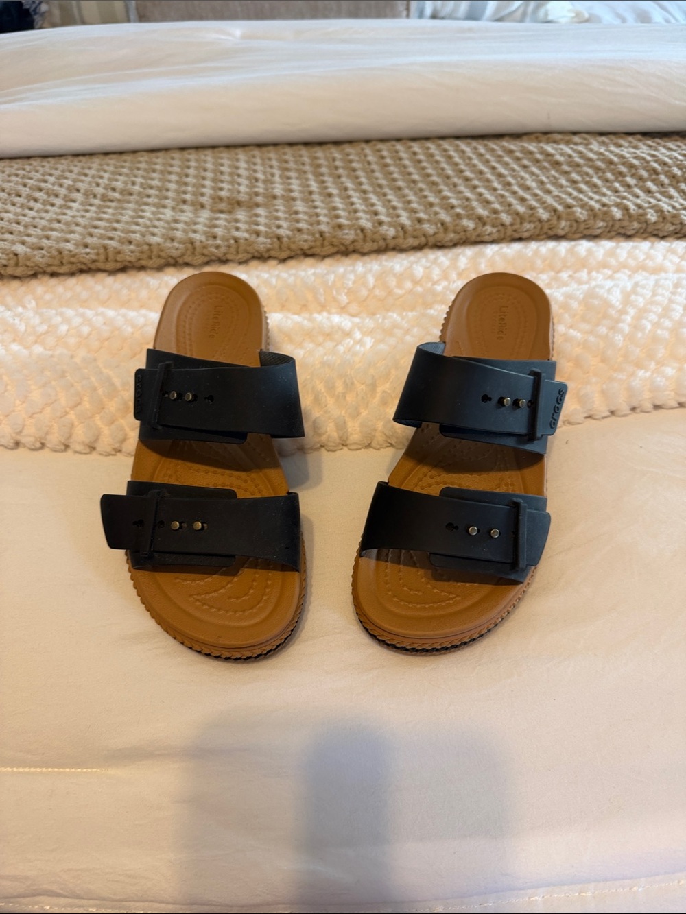CROCS Black Double-Strap Slide Sandals with Brown Footbed